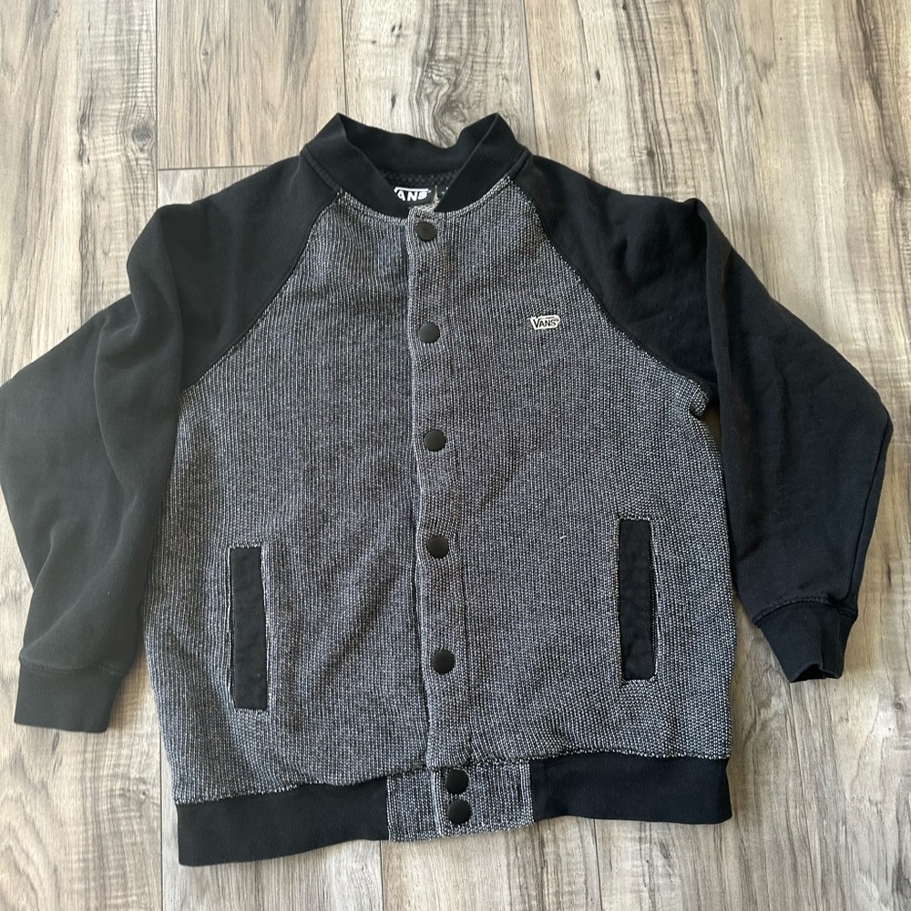 Vans Off The Wall Bomber Jacket Button Up Fabric Tweed/Knit SnapUp Black Size S